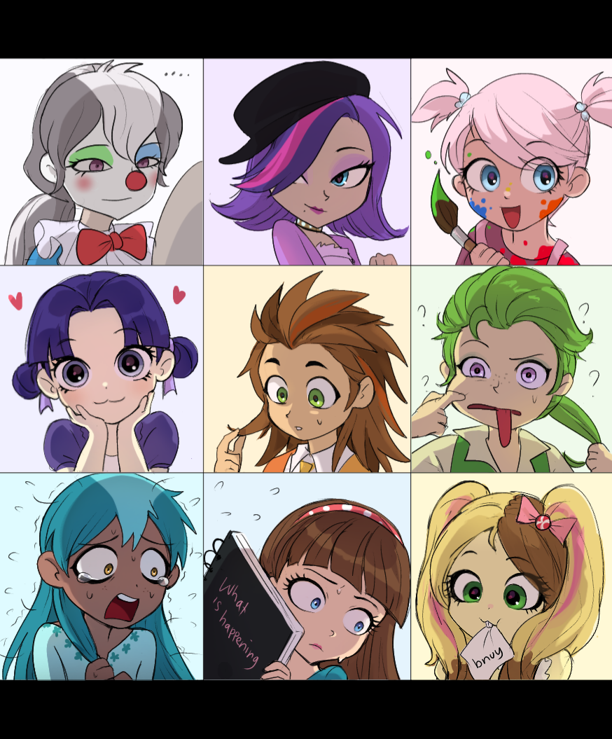 ..., 3boys, 6+girls, :3, :d, ?, beret, black_hat, blonde_hair, blue_eyes, blue_hair, blush, blythe_baxter, brown_hair, buck_teeth, buttercream_sundae, cheek_poking, clown, clownpiece, dark-skinned_male, dark_skin, double_bun, eating_non-food, green_eyes, green_hair, grey_hair, hair_bun, hands_on_own_face, hat, himuhino, holding, holding_sketchbook, humanization, littlest_pet_shop, littlest_pet_shop_(2012), long_hair, looking_at_mirror, looking_at_viewer, looking_down, looking_to_the_side, low_ponytail, minka_mark, mirror, mismatched_eyeshadow, multicolored_hair, multiple_boys, multiple_girls, nibbling, paint_splatter, paint_splatter_on_face, paintbrush, penny_ling, pepper_clark, pink_hair, pink_streaks, poking, ponytail, portrait, purple_hair, russell_ferguson, scared, short_hair, short_ponytail, short_twintails, single_hair_streak, sketchbook, smile, streaked_hair, sunil_nevla, teeth, twintails, two-tone_hair, very_long_hair, vinnie_terrio, violet_eyes, white_streaks, yellow_eyes, zoe_trent
