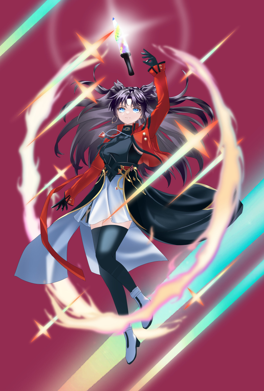 1girl, absurdres, black_gloves, black_hair, black_necktie, black_shirt, black_thighhighs, blue_eyes