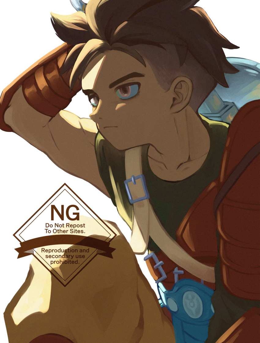 1boy, amagosi_koto, arm_up, baggy_pants, bags_under_eyes, belt_buckle, black_shirt, brown_eyes