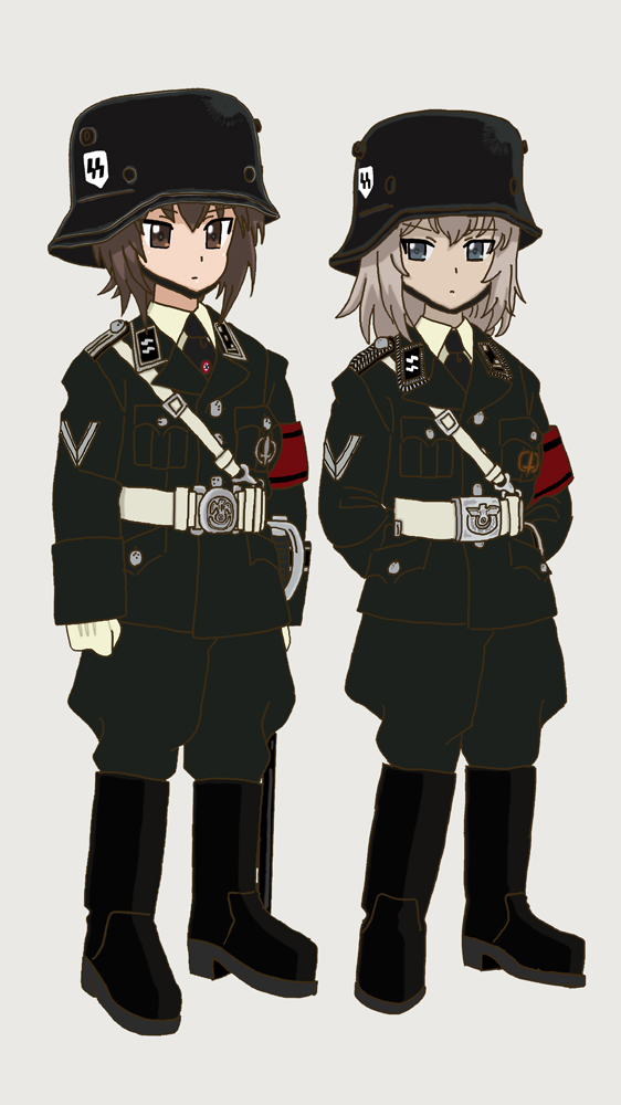 2girls, armband, arms_behind_back, belt, black_jacket, black_necktie, blue_eyes, brown_eyes