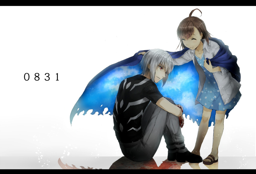 ahoge, albino, blanket, blood, closed_eyes, dress, eyes_closed, labcoat