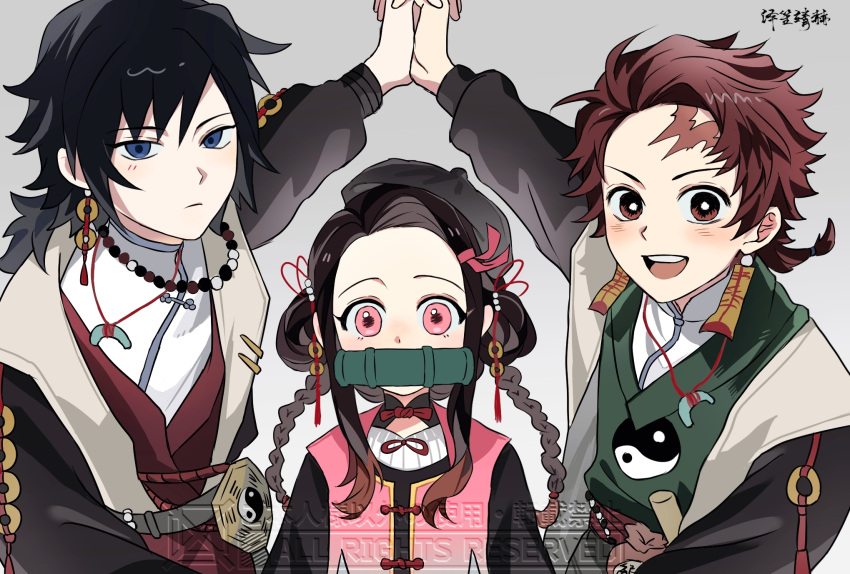 1girl, 2boys, azeyu2021, bamboo, bit_gag, black_hair, chinese_clothes, chinese_commentary