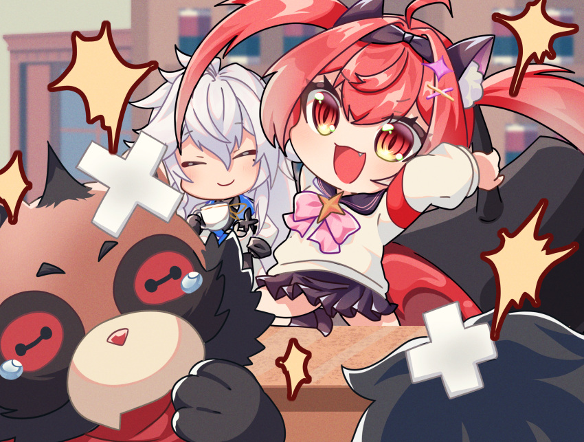 1boy, 1girl, animal_ears, baicang_(nte), black_sailor_collar, black_skirt, cardigan, cat_ears