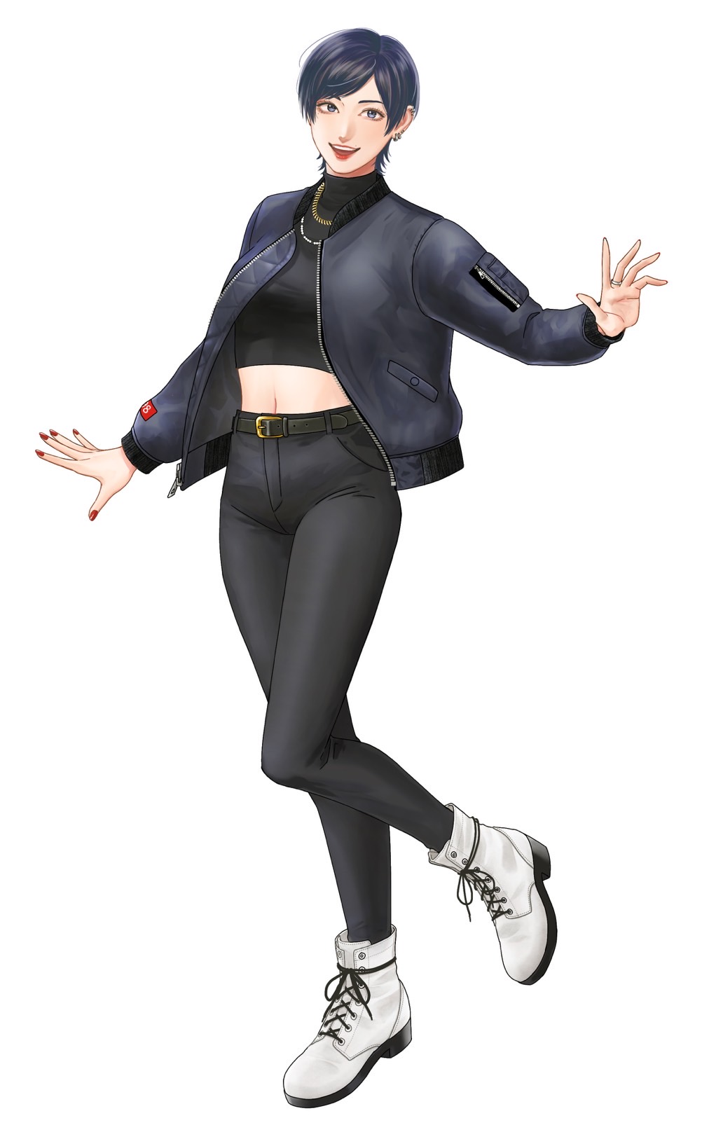 1girl, belt, belt_buckle, black_hair, black_pants, blue_eyes, boots, buckle