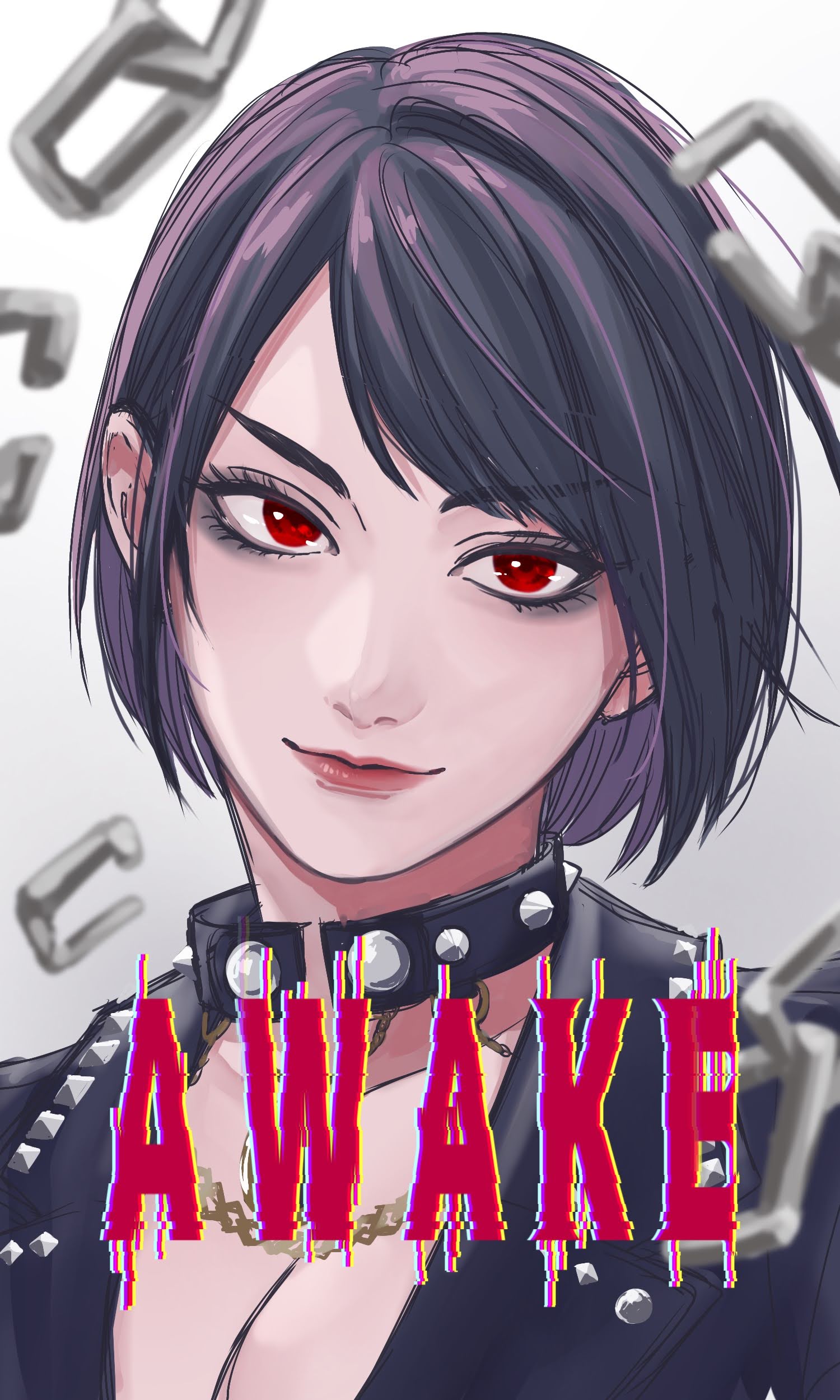 1girl, absurdres, black_hair, black_jacket, breasts, chain, closed_mouth, collarbone