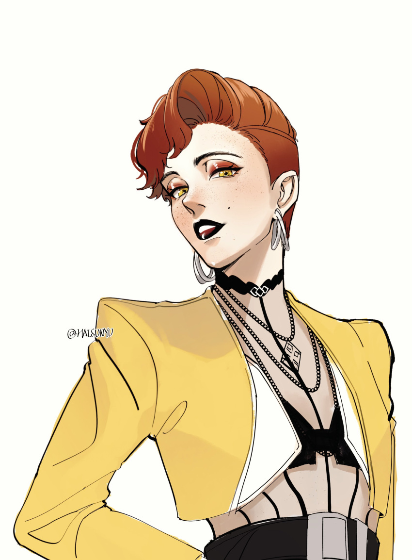 1girl, absurdres, artist_name, aurore_cassel, black_lips, brown_eyes, commentary, cropped_jacket, cyberpunk_(series), cyberpunk_2077, earrings, eyeshadow, highres, jacket, jewelry, looking_at_viewer, makeup, mmmanchor, open_clothes, open_jacket, open_mouth, red_eyeshadow, red_hair, short_hair, simple_background, solo, teeth, upper_body, upper_teeth_only, white_background, yellow_jacket