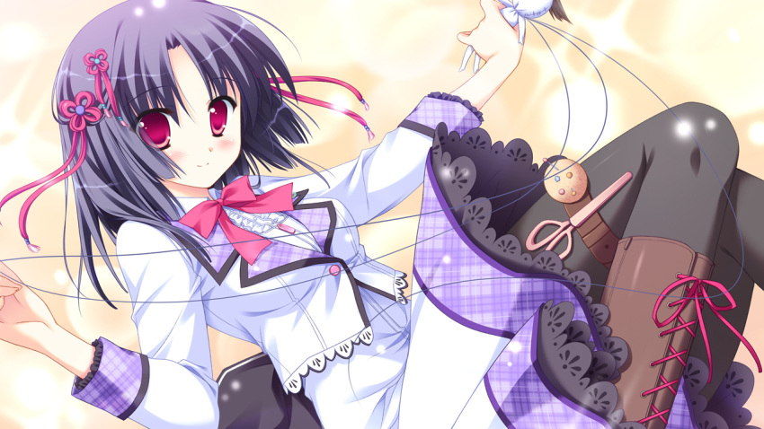 blush, boots, bow, diamic_days, game_cg, hair_ornament, looking_at_viewer, pantyhose