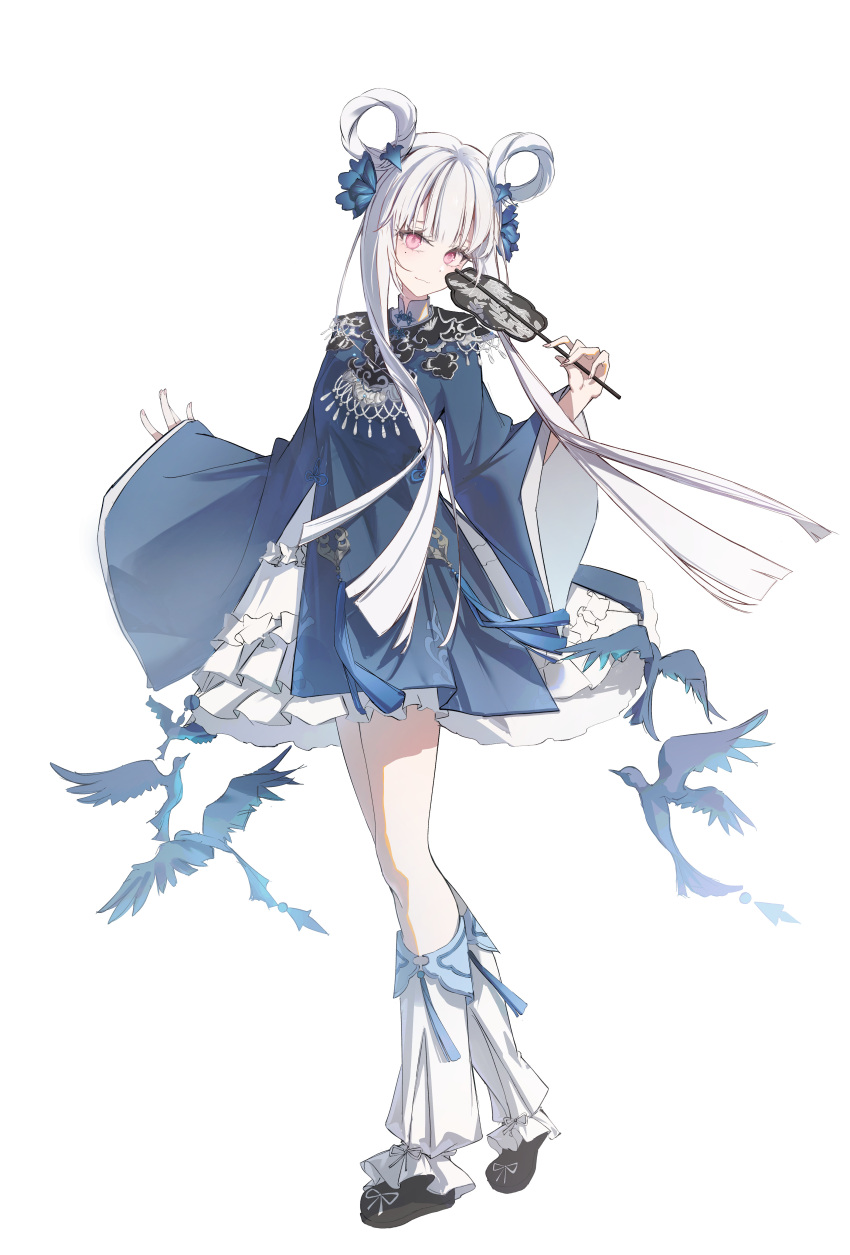 1girl, absurdres, bird, blue_dress, blue_flower, chinese_clothes, dress, flower