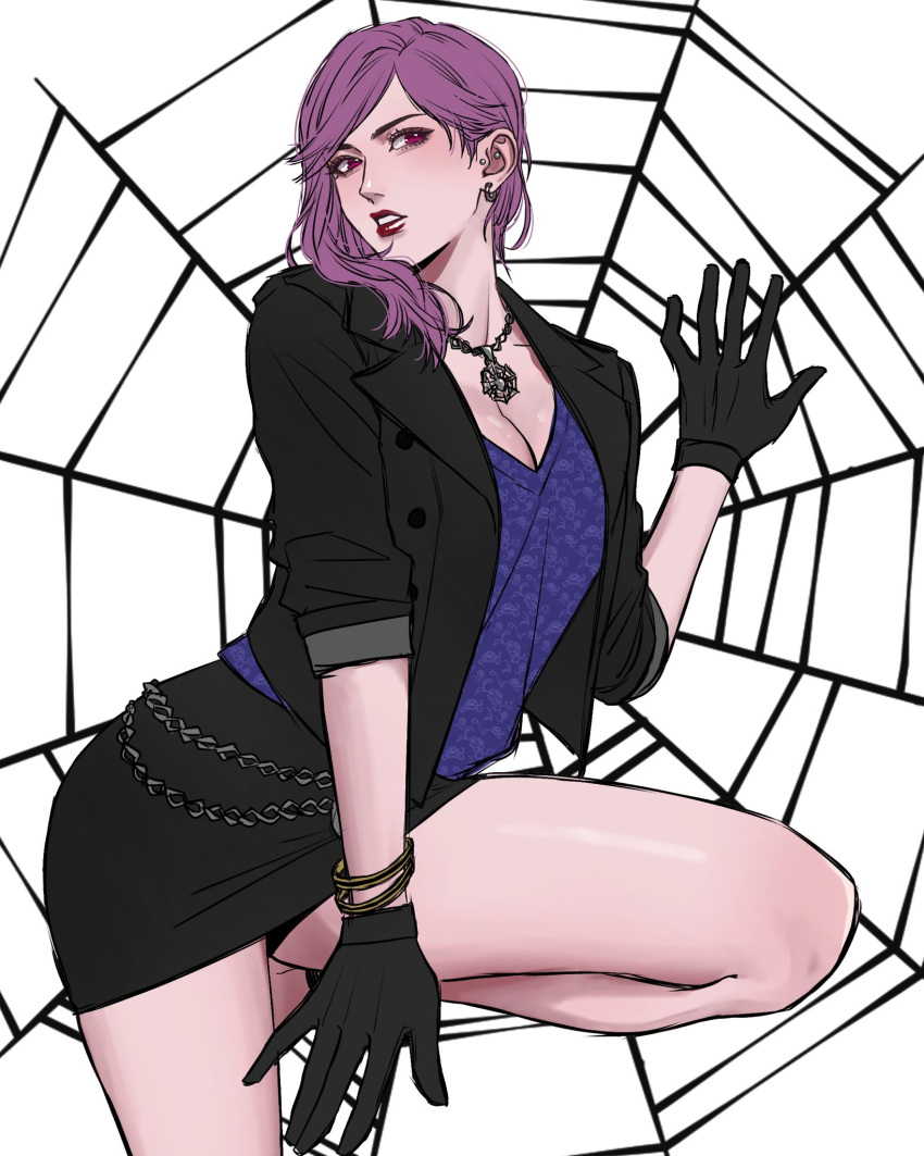 1girl, black_gloves, black_jacket, collarbone, collared_jacket, commentary_request, cowboy_shot, ear_cuffs