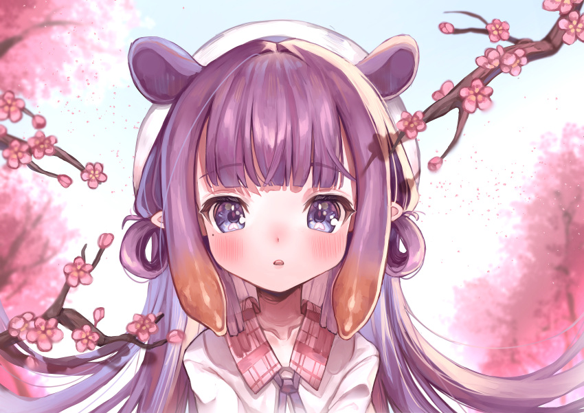 1girl, absurdres, alternate_costume, beret, blue_eyes, blunt_bangs, blush, flower