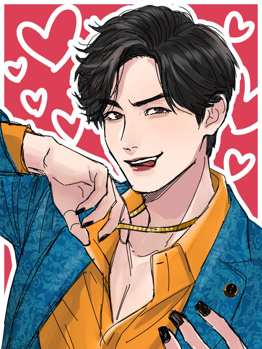 1boy, black_nails, blue_jacket, chain, collarbone, collared_shirt, commentary_request, forehead