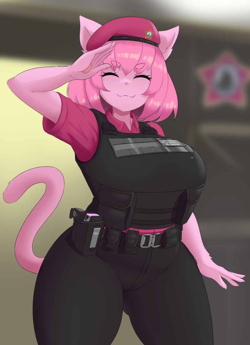 1girl, animal_ears, belt, beret, black_belt, black_pants, black_vest, blurry, blurry_background, breasts, cat_ears, cat_girl, cat_tail, claire_(lilith's_throne), closed_eyes, collared_shirt, commentary, english_commentary, furry, furry_female, hat, highres, holster, kt80at, lilith's_throne, pants, pink_fur, pink_hair, pink_shirt, police, police_uniform, pouch, salute, shirt, smile, solo, tail, utility_belt, vest