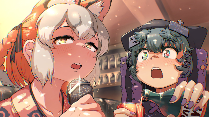 2girls, absurdres, alcohol, animal_ears, brown_hair, commentary_request, dress, extra_ears