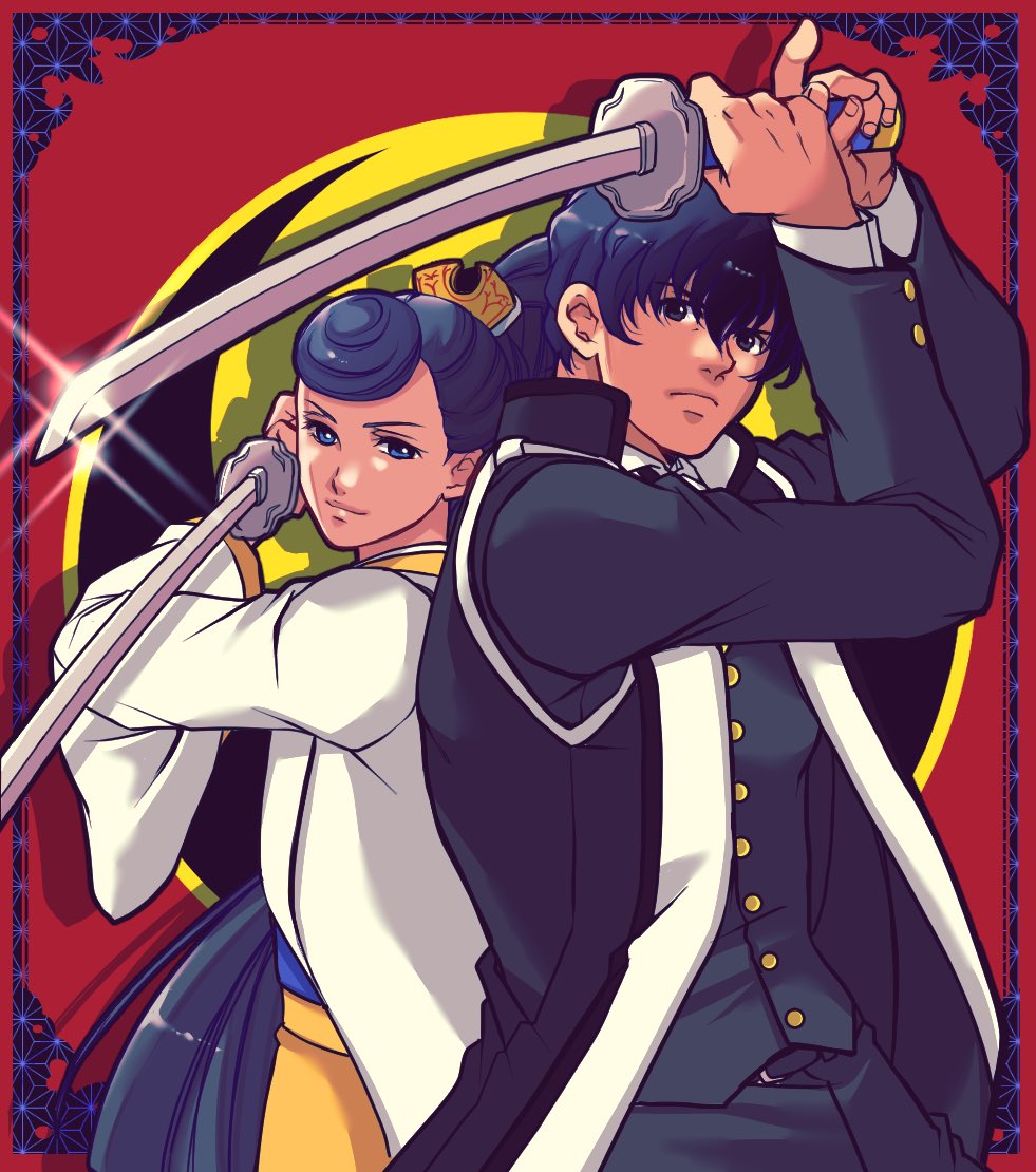 1boy, 1girl, ace_attorney, back-to-back, black_hair, blue_eyes, buttons, commentary_request