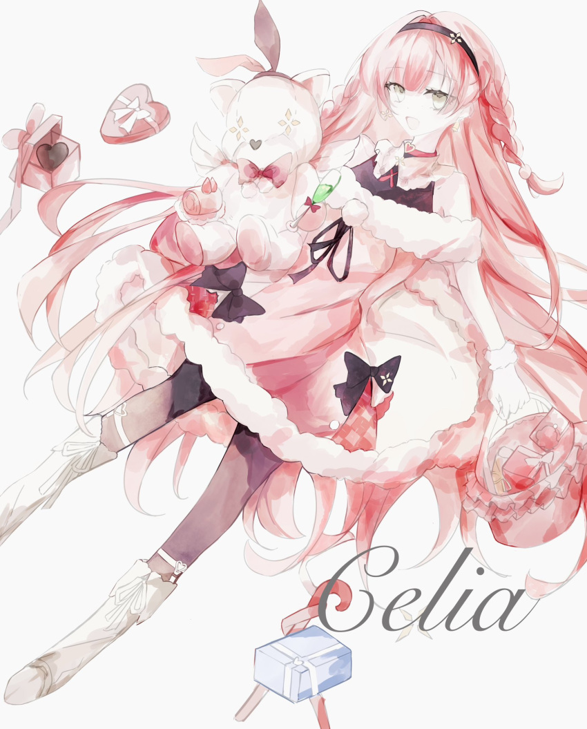 1girl, arcaea, artist_name, bare_shoulders, basket, bell, bell_earrings, black_bow