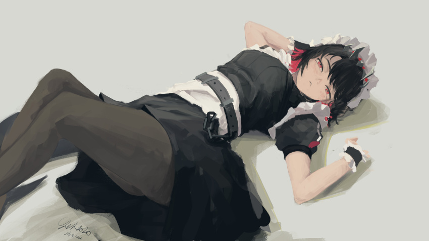 1girl, absurdres, apron, belt, black_belt, black_hair, black_pantyhose, blush