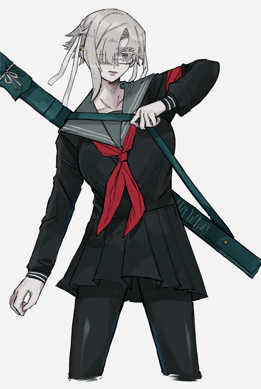 1girl, absurdres, black_skirt, breasts, closed_mouth, commentary_request, cosplay, cowboy_shot, danganronpa_(series), danganronpa_2:_goodbye_despair, glasses, grey_background, grey_hair, hair_over_one_eye, highres, mashiro_ddsk, original, pantyhose, pekoyama_peko, pekoyama_peko_(cosplay), sailor_collar, school_uniform, serafuku, simple_background, skirt, solo, sword, sword_on_back, violet_eyes, weapon, weapon_on_back