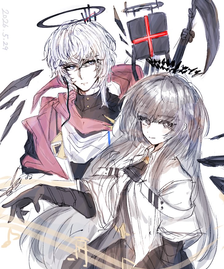 1boy, 1girl, arknights, ascot, behind_another, black_ascot, black_dress, black_eyes