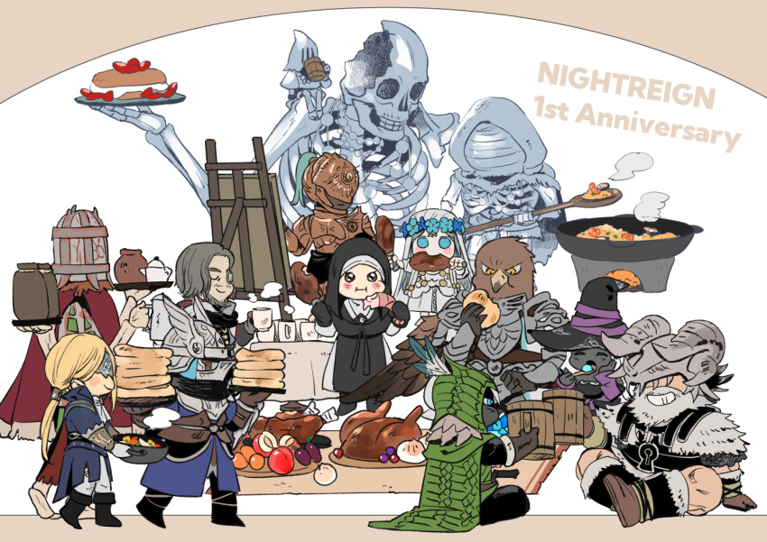 4girls, 6+boys, animal_head, anniversary, armor, ascot, bird_boy, blindfold_mask