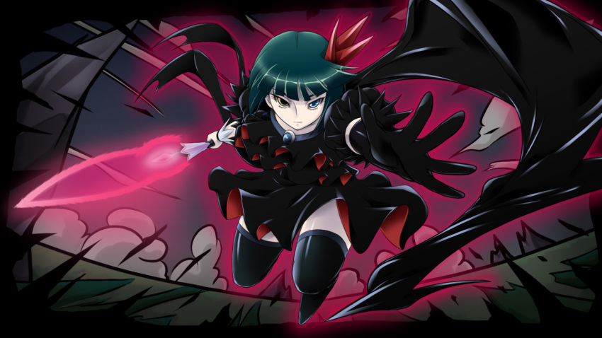 blue_eyes, dark_precure, dress, energy_sword, flower_tact, green_hair, hair_ornament, hairpin, heartcatch_precure!, heterochromia, mameshiba, mameshiba_(artist), precure, short_hair, single_elbow_glove, single_glove, single_wing, smile, solo, sword, thigh-highs, thighhighs, weapon, wings, wrist_cuffs, yellow_eyes