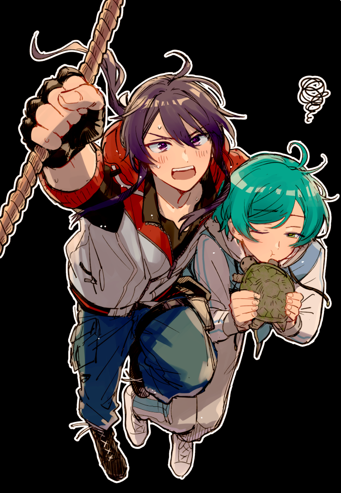 2boys, :t, ahoge, aqua_hair, black_boots, black_gloves, black_shirt, blush