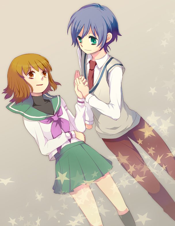blue_hair, brown_eyes, brown_hair, green_eyes, hand_holding, holding_hands, mawaru_penguindrum, necktie, oginome_ringo, school_uniform, serafuku, short_hair, takakura_shouma, takeshiko, vest