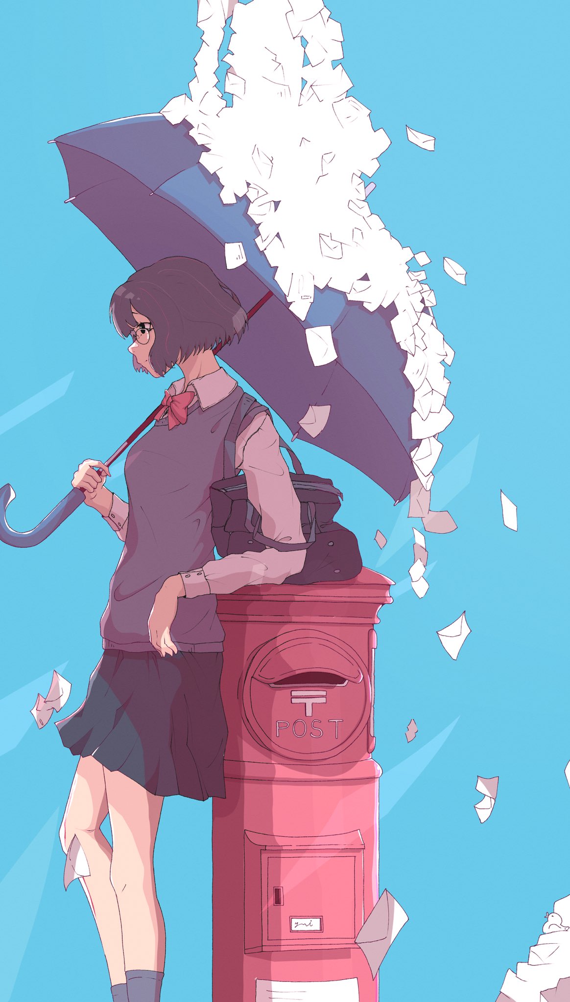 1girl, bag, bird, bizarre_rain, black_eyes, black_hair, black_skirt, black_socks