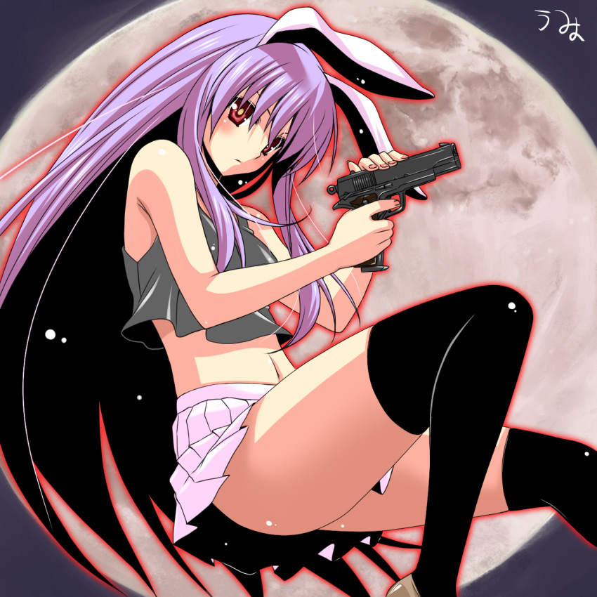 alternate_costume, animal_ears, bare_shoulders, black_legwear, bunny_ears, full_moon, gun, handgun