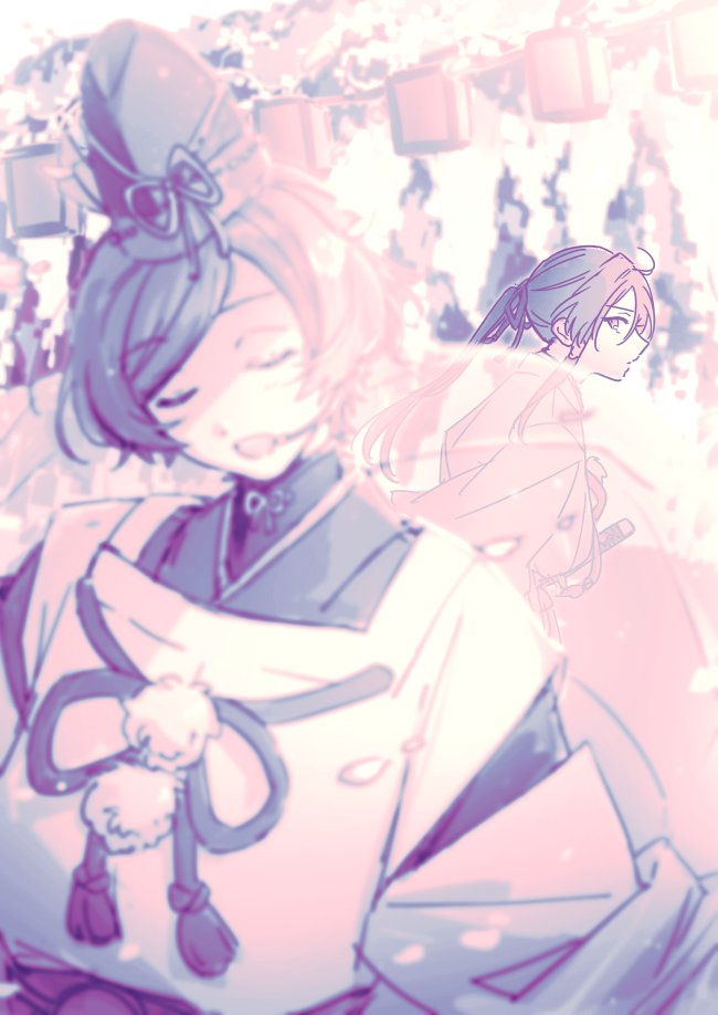 2boys, :d, ahoge, blurry, blurry_foreground, closed_eyes, concert, ensemble_stars!