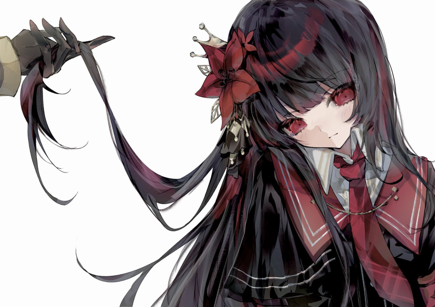 2girls, absurdres, armband, black_gloves, black_hair, black_shirt, closed_mouth, collared_shirt, crown, flower, gloves, hair_flower, hair_ornament, hasumi_leia, highres, long_hair, long_sleeves, mahou_shoujo_no_majo_saiban, mopp_t, multiple_girls, necktie, nikaido_hiro, out_of_frame, pleated_capelet, red_armband, red_eyes, red_flower, red_necktie, shirt, side_capelet, upper_body, white_background, white_shirt, yuri
