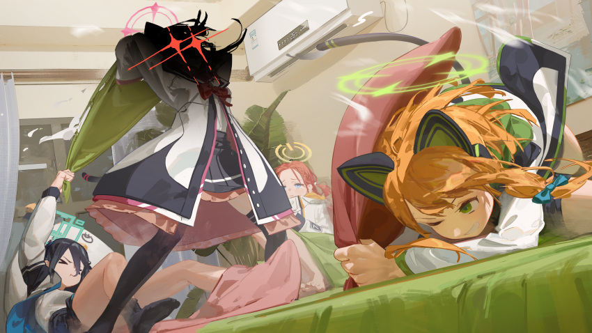 4girls, absurdres, air_conditioner, animal_ear_headphones, animal_ears, aqua_halo, aris_(blue_archive), black_hair