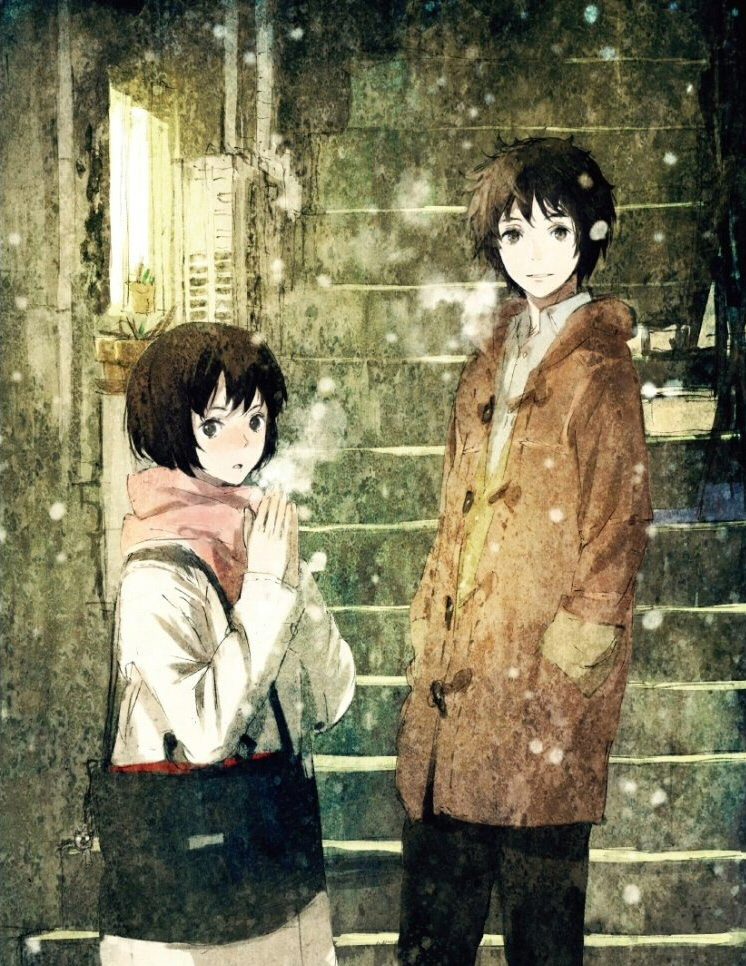 blush, breath, brown_eyes, brown_hair, coat, no.6, official_art, open_mouth, safu, scarf, shion_(no.6), short_hair, sion_(no.6), snow, stairs, toggles, toi8