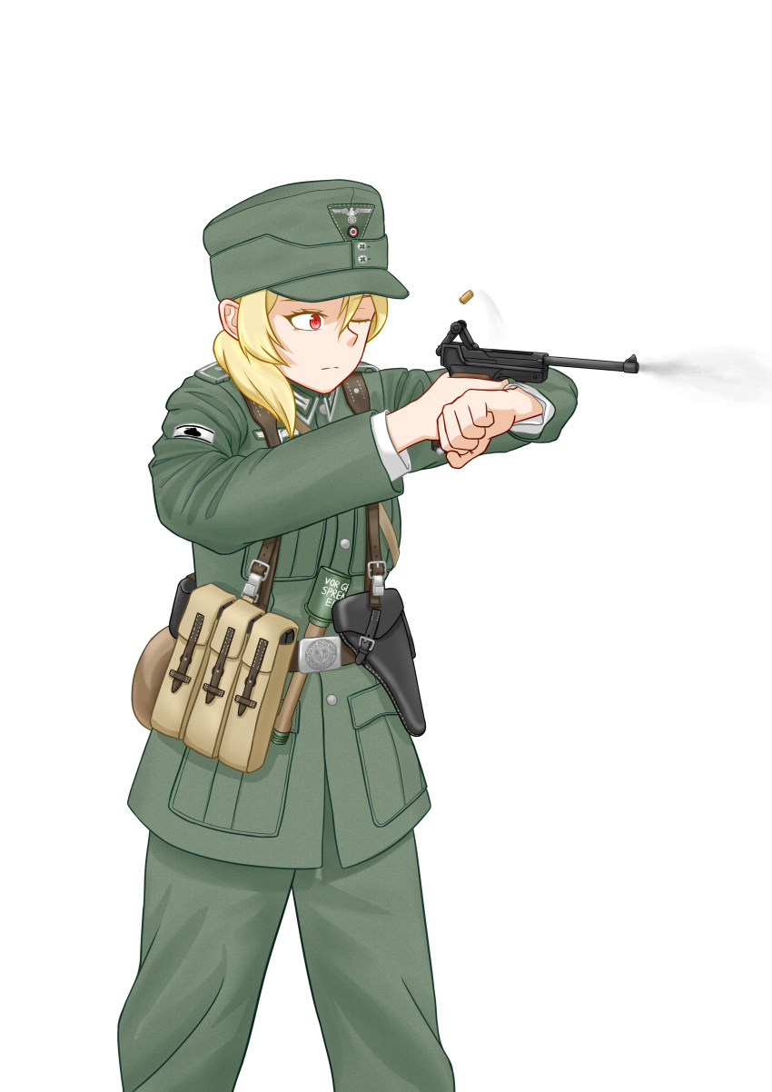 1girl, absurdres, aiming, ammunition_pouch, belt, belt_buckle, blonde_hair, breast_pocket