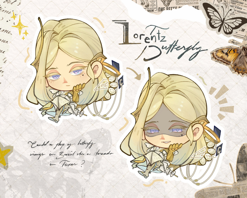1girl, blonde_hair, boots, bug, butterfly, character_name, chibi, commentary