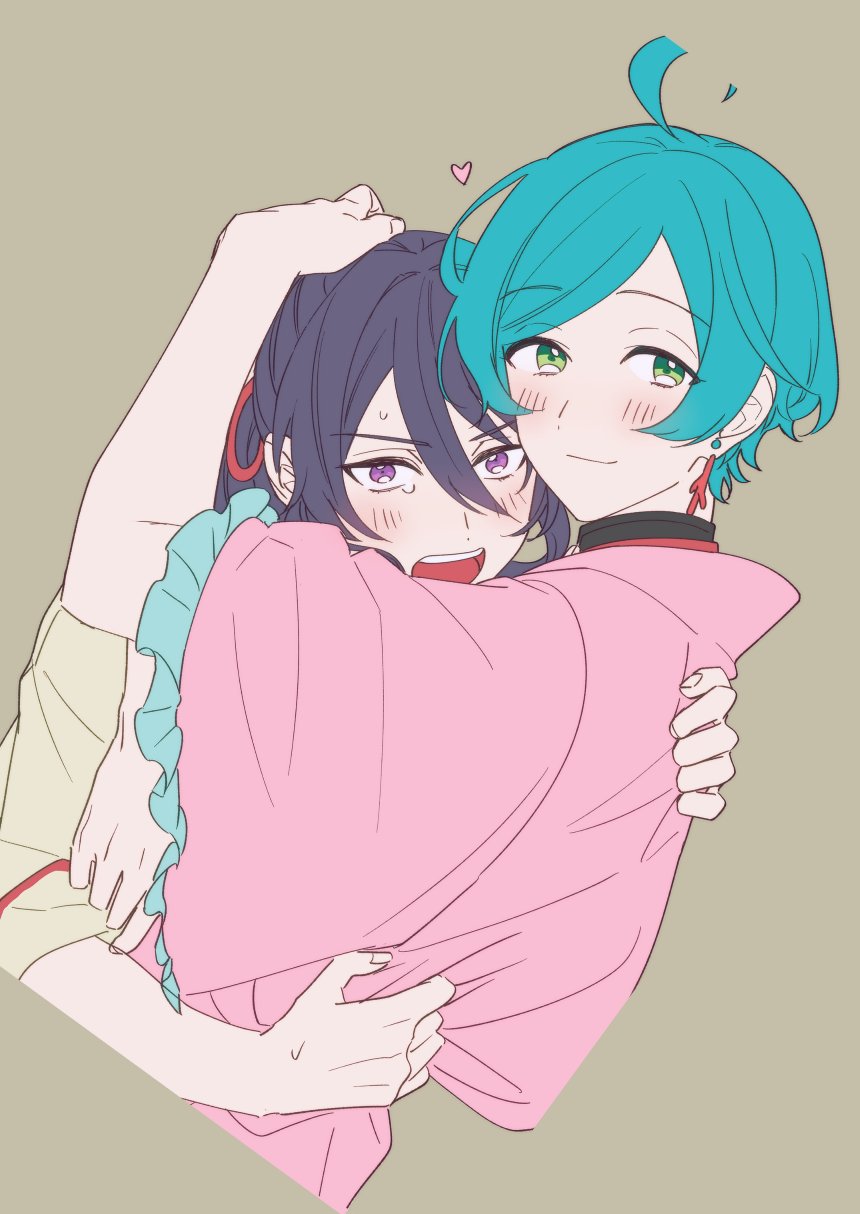 2boys, ahoge, aqua_hair, arm_around_neck, blush, brown_background, closed_mouth, coral_earrings
