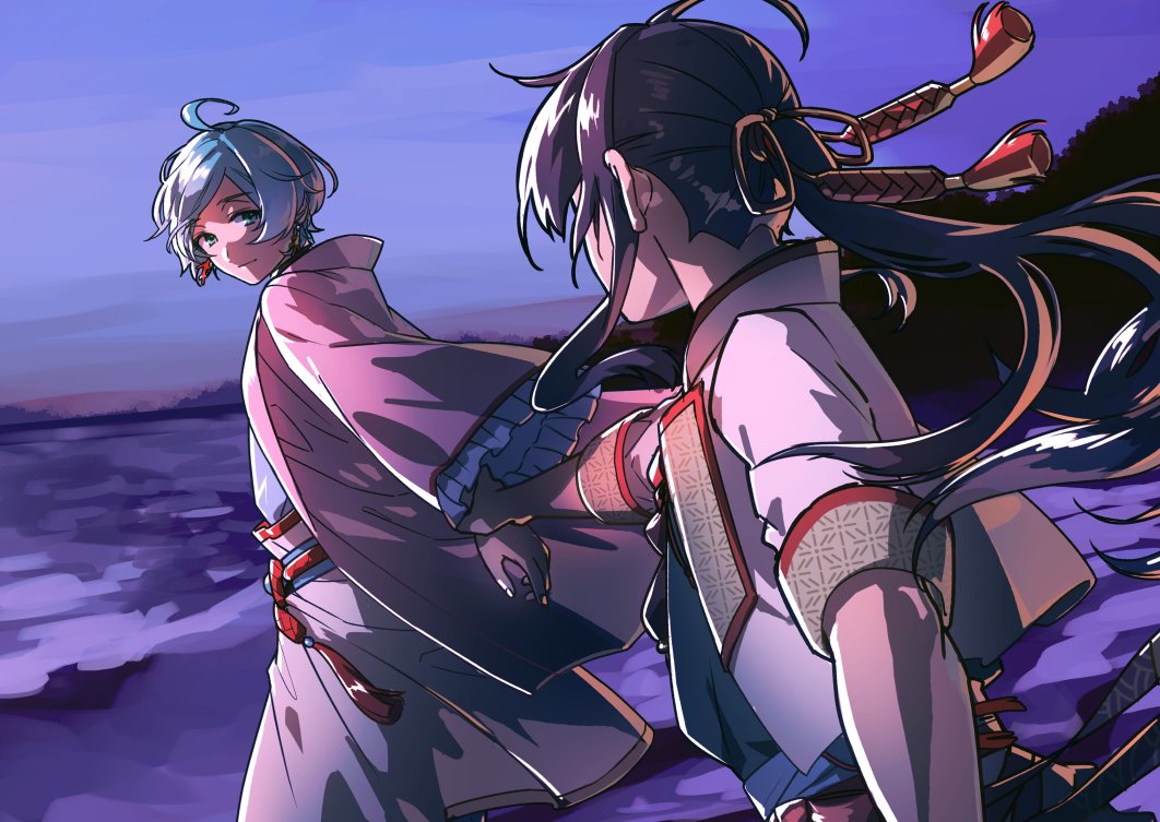2boys, ahoge, aqua_hair, beach, closed_mouth, collared_jacket, coral_earrings, cropped_jacket