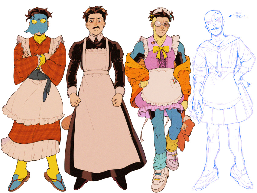 4boys, absurdres, animal_ears, apron, asymmetrical_footwear, black_dress, black_hair, bow, bowtie, broken_goggles, character_request, commentary, crossdressing, crossdressing_(mtf), crossed_arms, dog_ears, dress, enmaided, facial_hair, goggles, highres, holding, holding_stuffed_toy, hooded_invincible, invincible_(character), invincible_(series), japanese_clothes, kimono, long_sleeves, looking_at_viewer, maid, maid_apron, male_focus, mark_grayson, mismatched_footwear, mismatched_shoes, multiple_boys, multiple_persona, mustache, mustache_invincible, orange_kimono, pink_dress, plaid_clothes, plaid_kimono, rob_kuma4, sandals, shoes, short_hair, simple_background, stuffed_animal, stuffed_toy, teddy_bear, translation_request, wa_maid, white_apron, white_background, yellow_bow, yellow_bowtie
