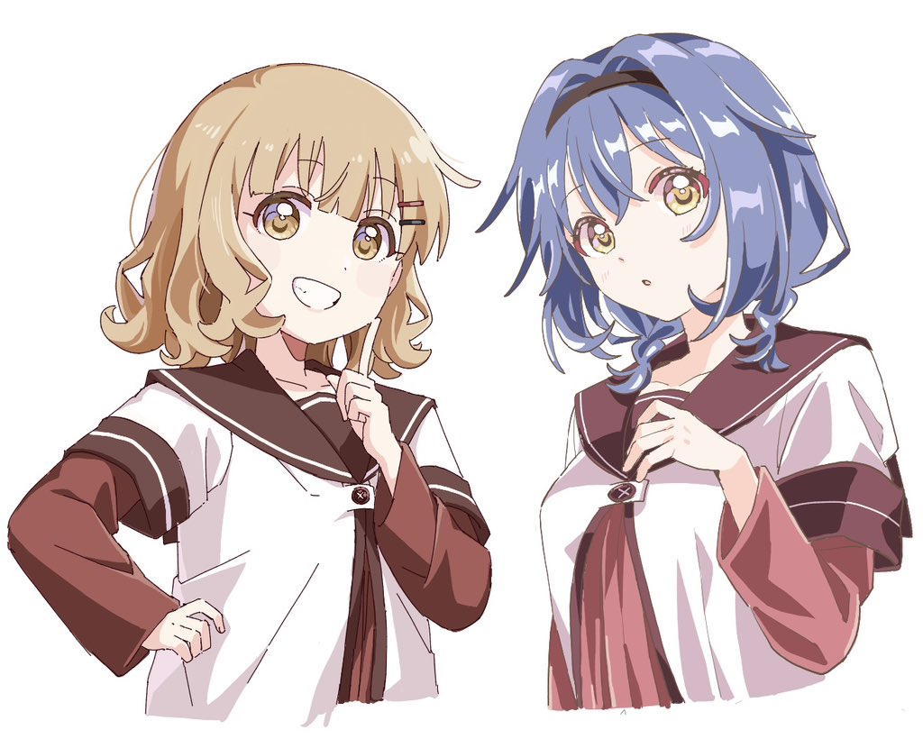 2girls, black_hairband, black_sailor_collar, black_trim, blonde_hair, blue_hair, blunt_bangs, breasts