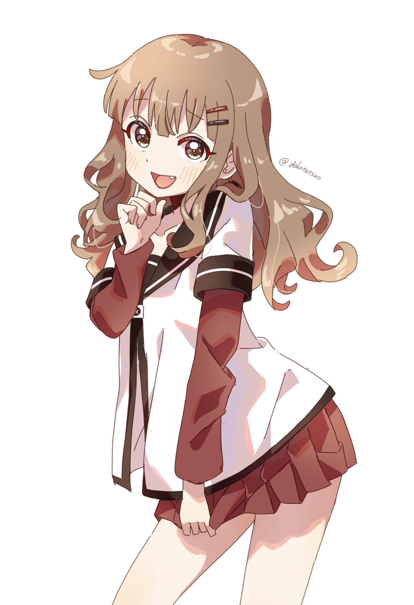 1girl, black_sailor_collar, brown_eyes, brown_hair, commentary_request, cowboy_shot, dot_nose, dress