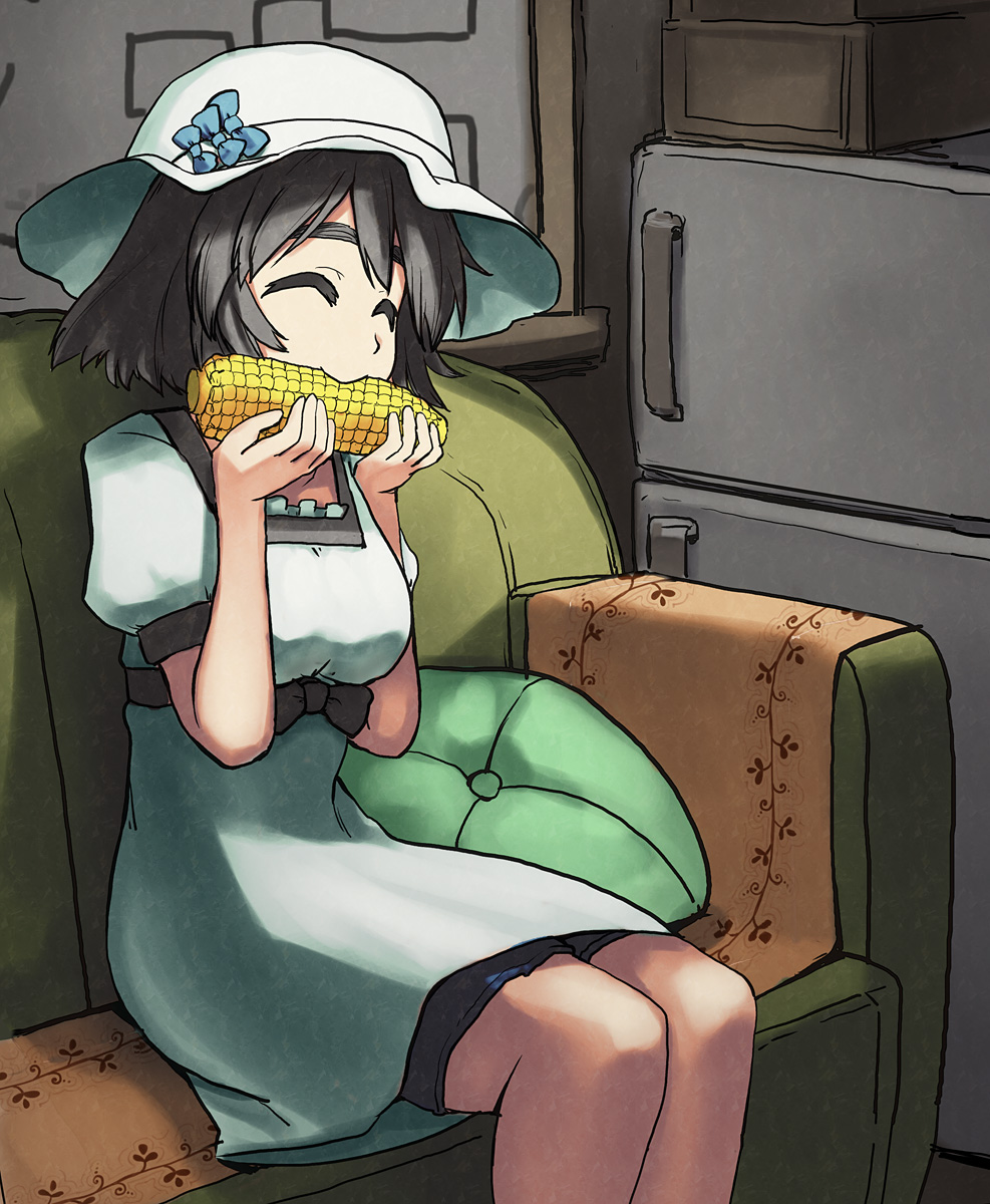 black_hair, closed_eyes, corn, couch, dress, eating, eyes_closed, hat