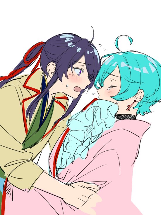 2boys, ahoge, aqua_hair, closed_eyes, collared_jacket, commentary_request, coral_earrings, covering_own_mouth