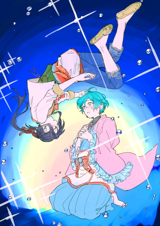 2boys, :o, ahoge, air_bubble, aqua_hair, barefoot, blue_hakama, blue_pants