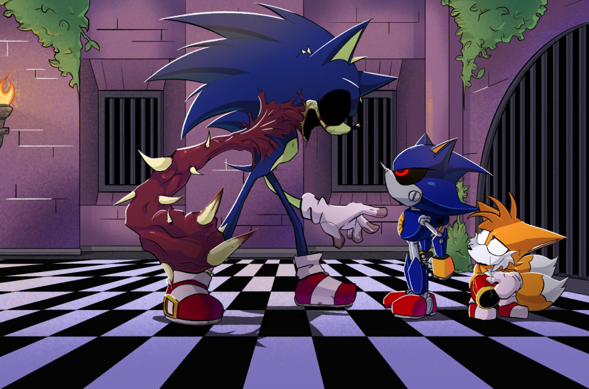 1other, 2boys, arm_cannon, baconboilmao, checkered_floor, classic_tails, commentary, english_commentary