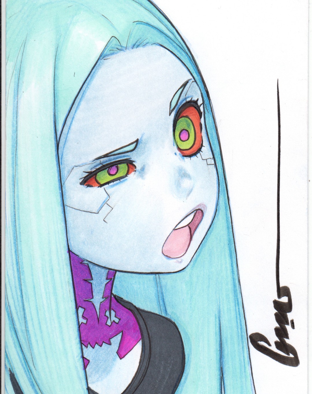 1girl, aqua_hair, artist_name, black_shirt, border, colored_sclera, commentary, commentary_request