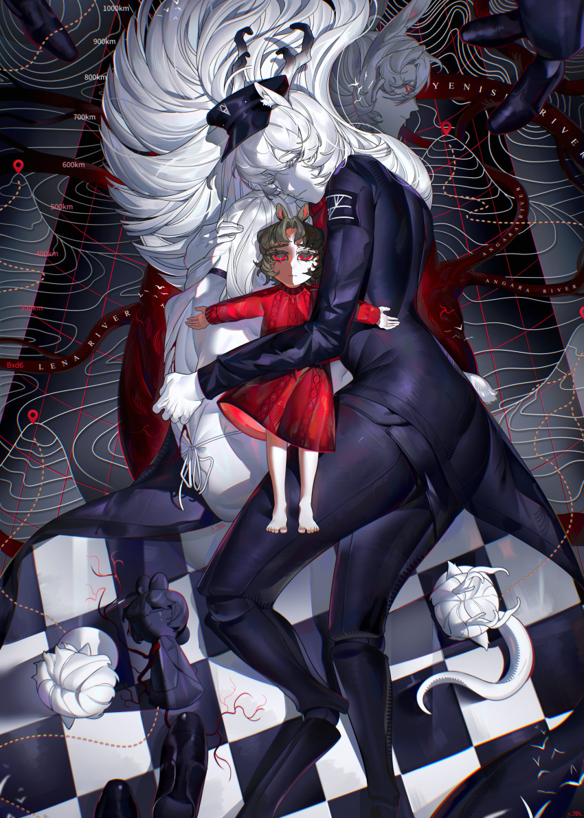 1boy, 2girls, absurdres, animal_ears, antlers, bell_(crrn), black_suit, checkered_floor