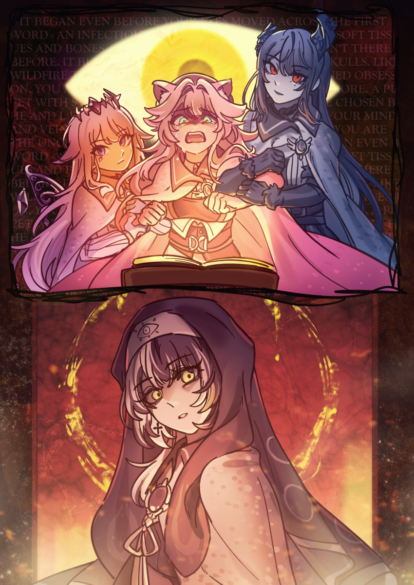 absurdres, ahoge, animal_ears, asymmetrical_horns, black_hair, black_horns, blue_hair, breasts, cape, cloak, colored_inner_hair, demon_horns, enigmatic_recollection, grey_hair, highres, hololive, hololive_english, horns, jewel_under_eye, kiko_(kikoshaula), koseki_bijou, long_hair, looking_at_viewer, mole, multicolored_hair, multiple_girls, nerissa_ravencroft, open_mouth, panther_ears, panther_girl, pink_hair, raora_panthera, shiori_novella, smile, two-tone_hair, uneven_horns, violet_eyes, virtual_youtuber, yellow_eyes
