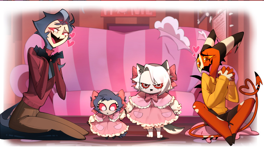 2boys, 2girls, absurdres, blitzo_(helluva_boss), child, colored_skin, demon_boy, demon_girl