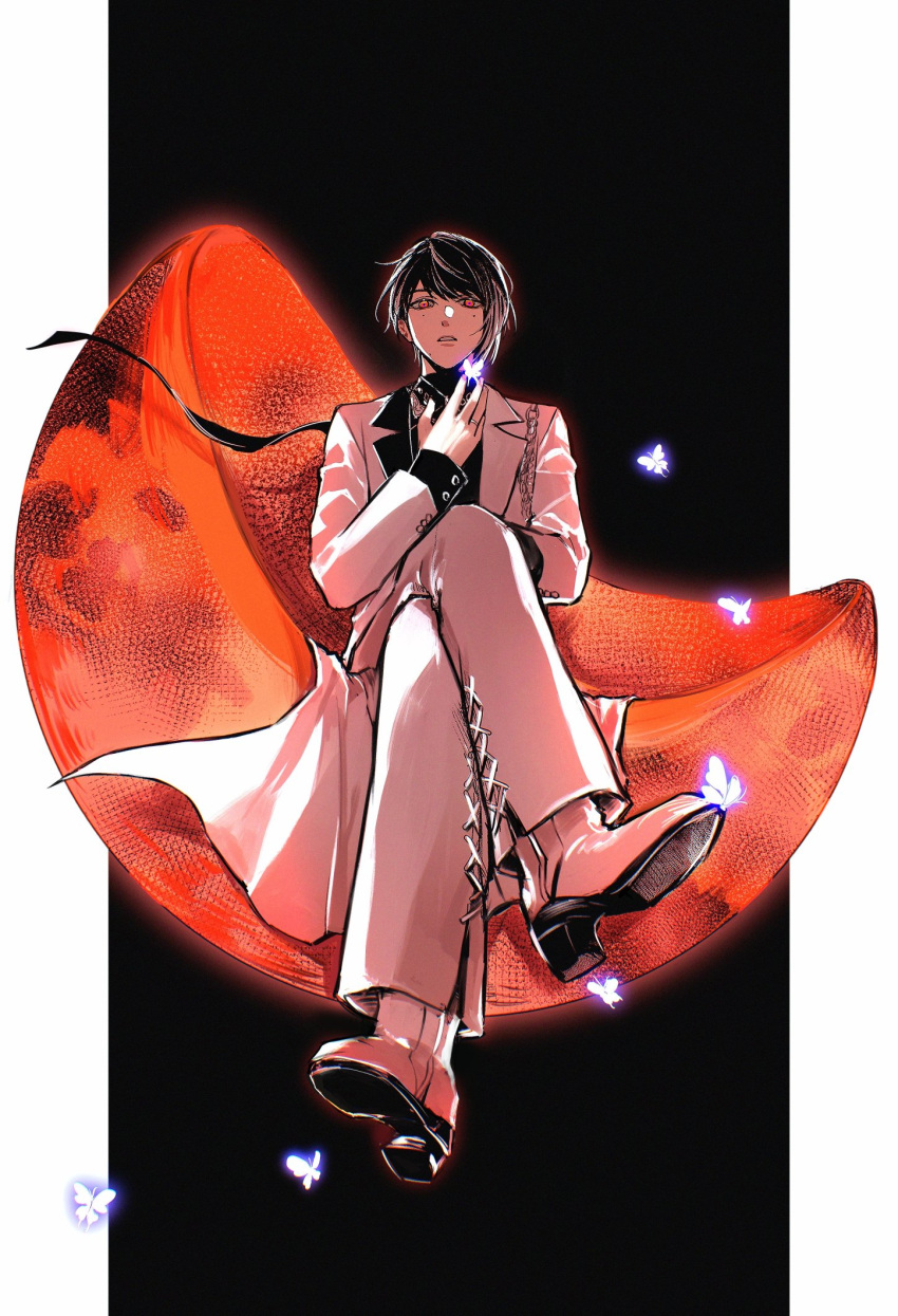 1boy, black_background, black_hair, border, full_body, highres, ichimorikiyoshi, jacket, kamen_rider, kamen_rider_zeztz_(series), male_focus, moon, nox_(kamen_rider_zeztz), pants, red_eyes, red_moon, short_hair, sitting, solo, suit, white_border, white_jacket, white_pants, white_suit