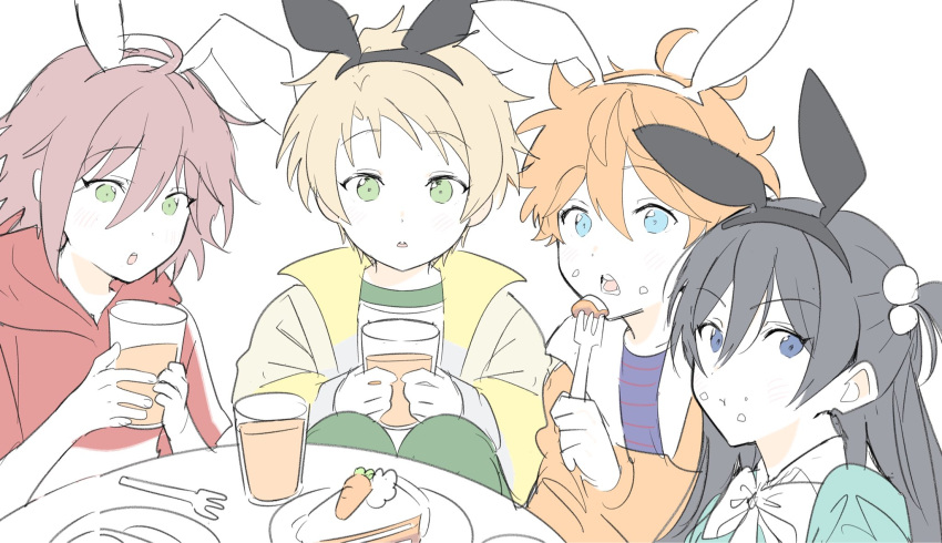 4boys, aged_down, akehoshi_subaru, animal_ear_hairband, animal_ears, black_hair, blonde_hair, blue_eyes, commentary, cup, ensemble_stars!, fake_animal_ears, food, food_on_face, fork, green_eyes, hair_between_eyes, hair_ornament, hairband, hidaka_hokuto, highres, holding, holding_cup, holding_fork, isara_mao, jacket, korean_commentary, looking_at_viewer, male_focus, multiple_boys, one_side_up, open_clothes, open_jacket, open_mouth, orange_hair, orange_jacket, piyo_owo, pom_pom_(clothes), pom_pom_hair_ornament, rabbit_ear_hairband, rabbit_ears, red_hair, short_hair, simple_background, trickstar_(ensemble_stars!), white_background, yuuki_makoto_(ensemble_stars!)