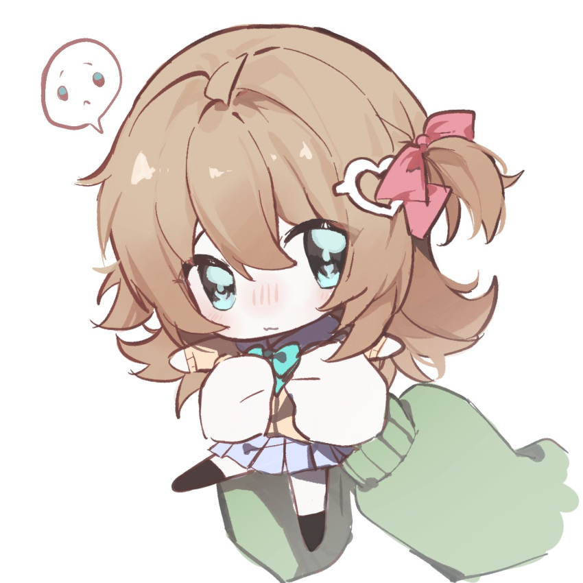 1girl, 1other, ahoge, black_socks, blue_skirt, brown_hair, cardigan, chibi